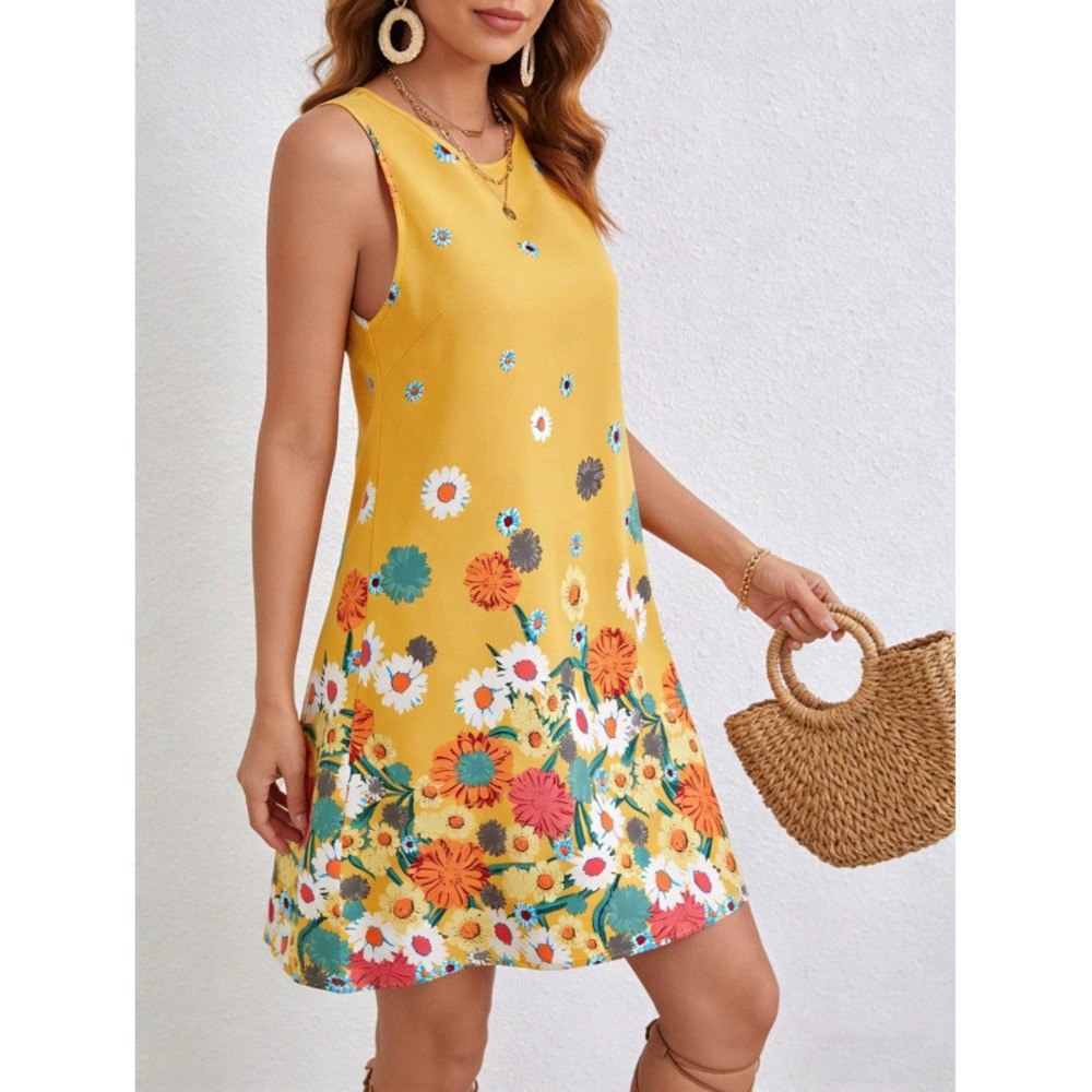 ZARA Ladies Elegant Casual Floral Digital Print Sleeveless Dress Spring Summer